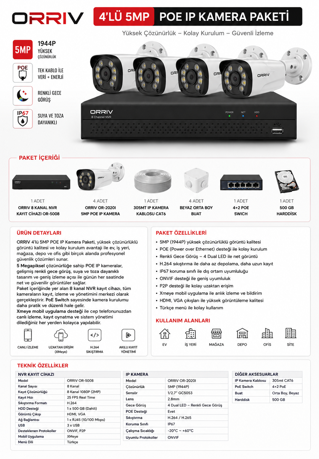 4'lü 5MP POE IP Kamera Güvenlik Sistemi Paketi